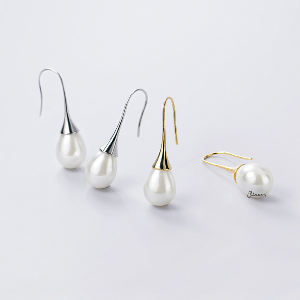Teardrop Pearl Sterling Silver Hook Earrings - Silver