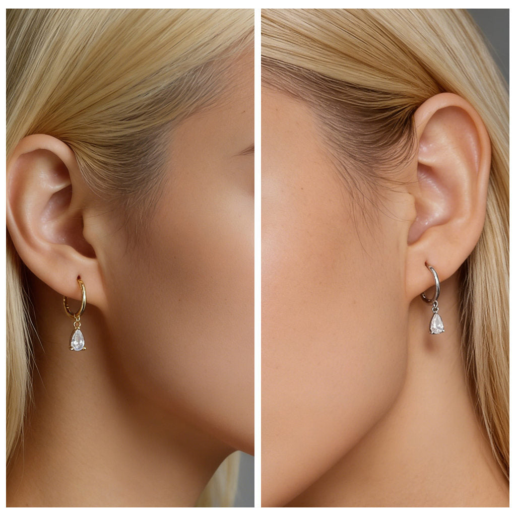 CZ Teardrop Charm Sterling Silver Hoop Earrings - Gold-Hoop Earrings-2-Glitters