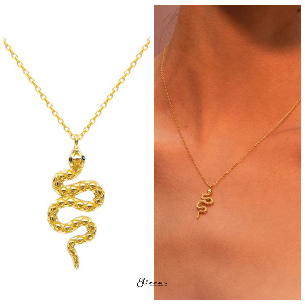 Sterling Silver Snake Charm Necklace - Gold-Sterling Silver Necklaces-2-Glitters