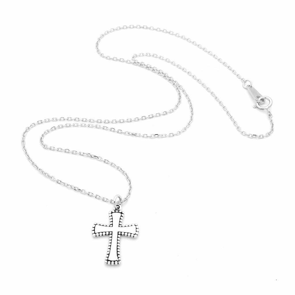 Sterling Silver Beaded Edge Cross Pendant Necklace-Sterling Silver Necklaces-3-Glitters