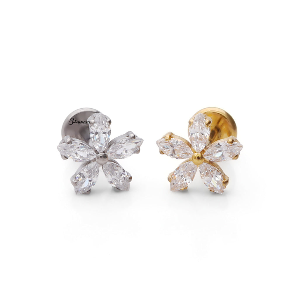 Marquise CZ Flower Titanium Flat Back Stud Earrings-Tragus | Cartilage | Daith | Conch-3-Glitters