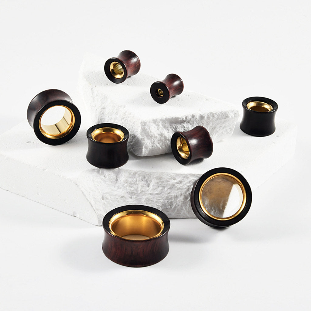Red Sandalwood and Gold Centered Double Flared Ear Tunnel Plug-Tunnels-2-Glitters