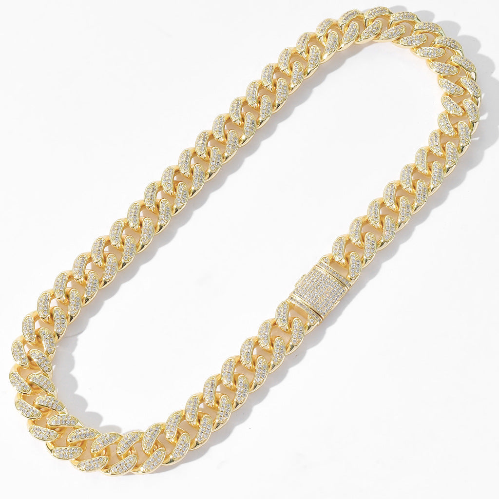15mm Iced Out Miami Cuban Chain - Gold-Chain Necklaces, Hip Hop, Hip Hop Chains, Iced Out, Jewellery, Men's Chain, Men's Jewellery, Men's Necklace, Necklaces, Women's Jewellery-10002-Glitters