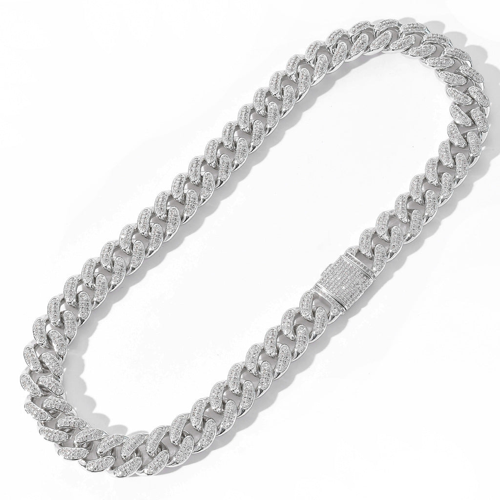 15mm Iced Out Miami Cuban Chain - Silver-Chain Necklaces, Hip Hop, Hip Hop Chains, Iced Out, Jewellery, Men's Chain, Men's Jewellery, Men's Necklace, Necklaces, Women's Jewellery-10003-Glitters