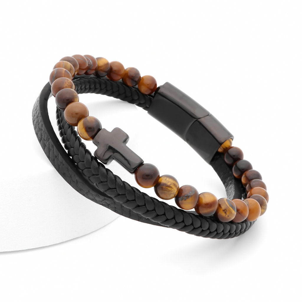 Tiger Eye Beads with Cross Multilayer Leather Bracelet Glitters