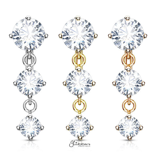 316L Surgical Steel Three Prong Set Round CZ Vertical Drop Belly Button Navel Rings-Belly Ring, Body Piercing Jewellery, Cubic Zirconia-BJ0314-ALL-Glitters