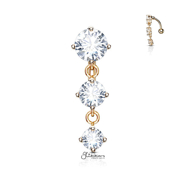 316L Surgical Steel Three Prong Set Round CZ Vertical Drop Belly Button Navel Rings-Belly Ring, Body Piercing Jewellery, Cubic Zirconia-BJ0314-RG-Glitters
