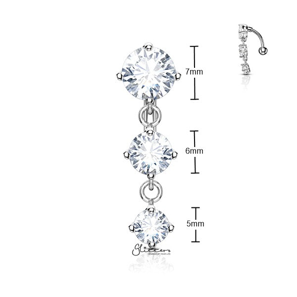 316L Surgical Steel Three Prong Set Round CZ Vertical Drop Belly Button Navel Rings-Belly Ring, Body Piercing Jewellery, Cubic Zirconia-BJ0314-S_New-Glitters