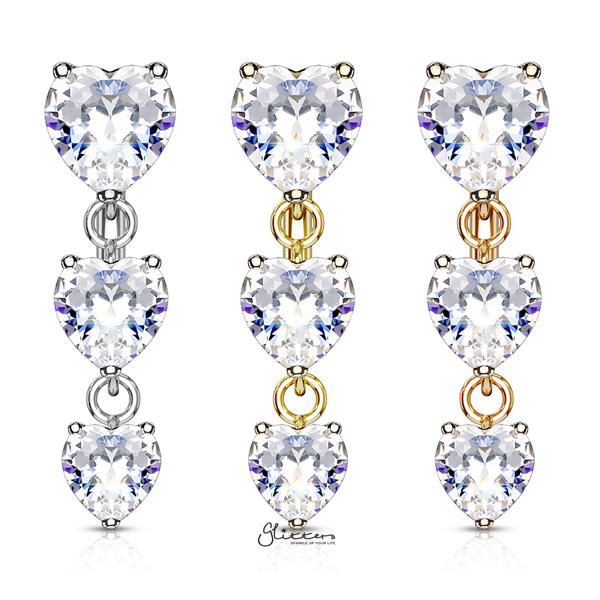 316L Surgical Steel Three Prong Set Heart CZ Vertical Drop Belly Button Navel Rings-Belly Ring, Body Piercing Jewellery, Cubic Zirconia-BJ0315-ALL-Glitters