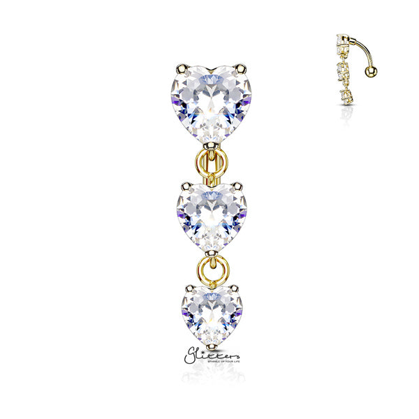 316L Surgical Steel Three Prong Set Heart CZ Vertical Drop Belly Button Navel Rings-Belly Ring, Body Piercing Jewellery, Cubic Zirconia-BJ0315-G-Glitters