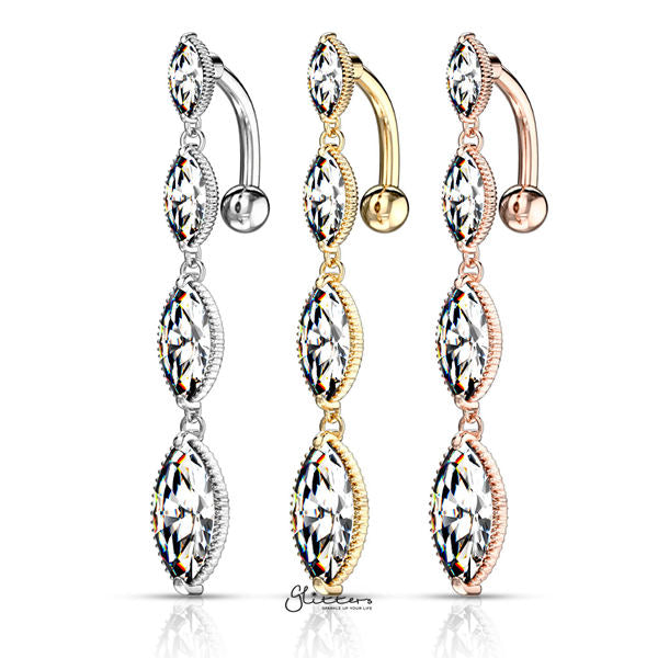 Four Marquise CZ Vertical Drop Belly Button Navel Rings-Belly Ring, Body Piercing Jewellery, Cubic Zirconia-BJ0317-ALL-Glitters
