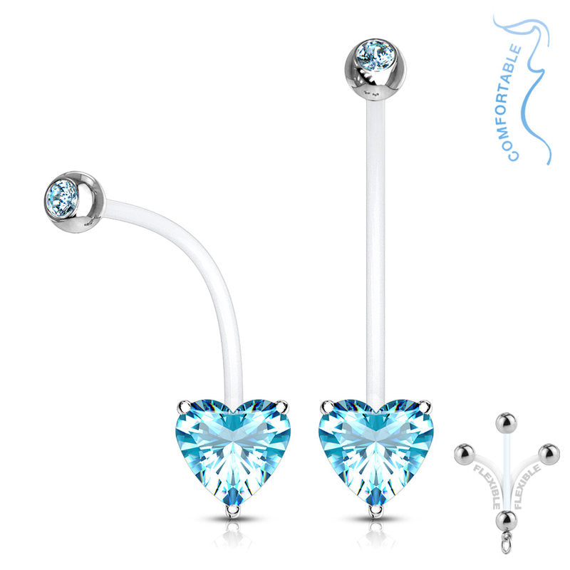 Heart CZ Pregnancy Bioflex Belly Button Ring - Aqua-Belly Ring, Bio Flex, Body Piercing Jewellery, Cubic Zirconia, Pregnancy, Retainer-BJ0347-Q-Glitters