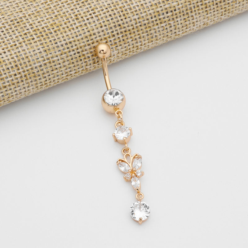 Butterfly Dangle Belly Button Navel Ring - Gold-Belly Ring, Body Piercing Jewellery, Cubic Zirconia-BJ0358-G2-Glitters