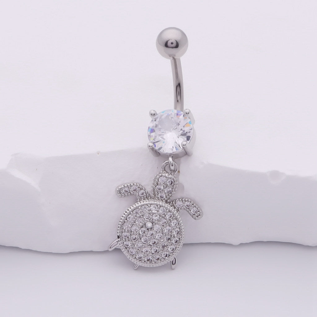 Sea Turtle Dangle Belly Button Navel Ring - Silver-Belly Ring, Body Piercing Jewellery, Cubic Zirconia, New-BJ0361-s1_1-Glitters