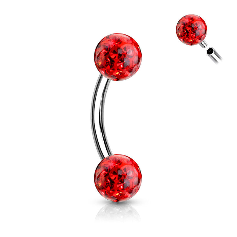 Epoxy Covered Crystal Paved Balls Eyebrow Barbells -Red-Body Piercing Jewellery, Daith, Eyebrow-CSI012-R2-Glitters