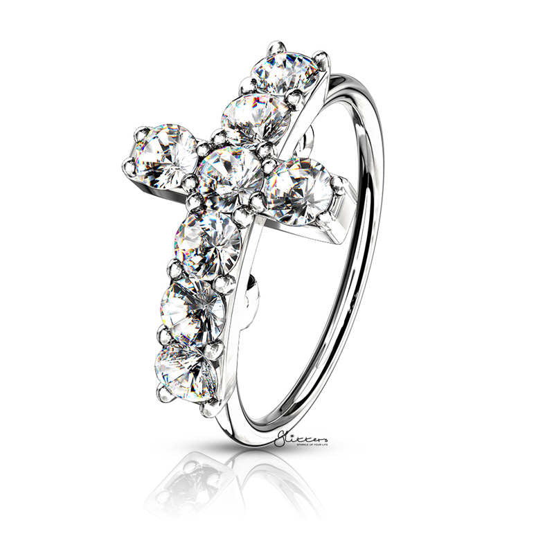 CZ Paved Cross Top Bendable Hoop Ring - Silver-Body Piercing Jewellery, Cubic Zirconia, Nose Piercing Jewellery, Nose Ring, Nose Studs, Tragus-CorssNosering-s-Glitters