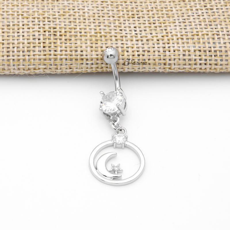 Crescent Moon and CZ Star Dangle Belly Button Ring - Silver-Belly Ring, Body Piercing Jewellery, Cubic Zirconia-CrescentMoonandCZStarDangleBellyButtonRing-silver1-Glitters