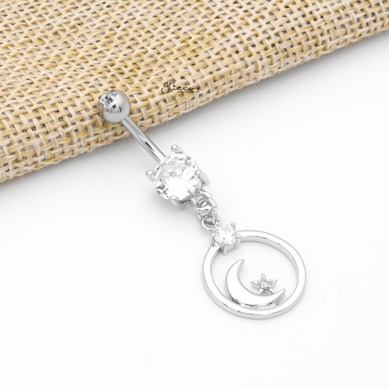 Crescent Moon and CZ Star Dangle Belly Button Ring - Silver-Belly Ring, Body Piercing Jewellery, Cubic Zirconia-CrescentMoonandCZStarDangleBellyButtonRing-silver2-Glitters