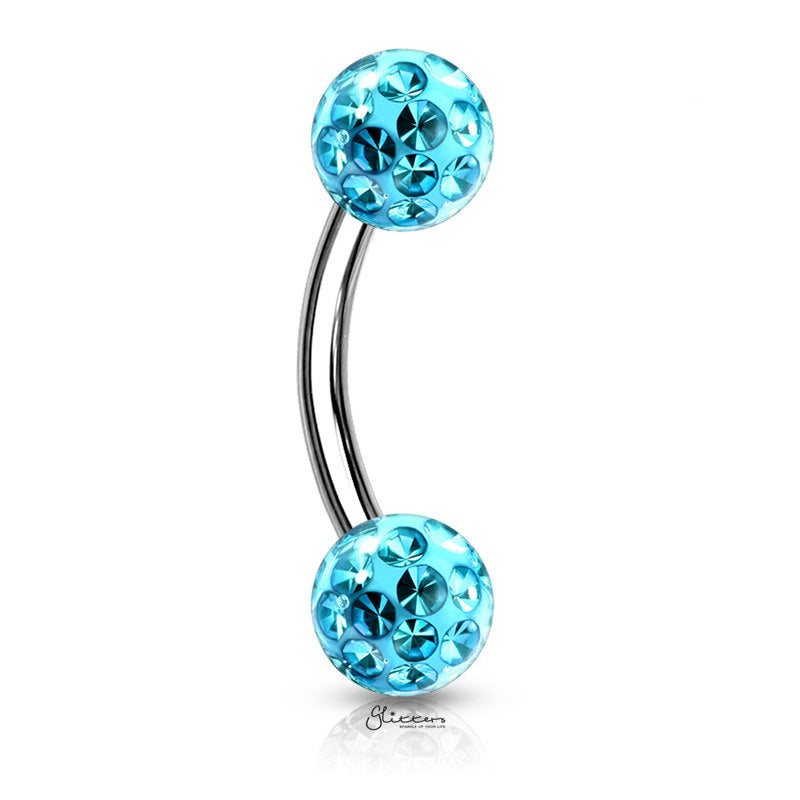 Epoxy Covered Crystal Paved Balls Eyebrow Barbells - Aqua-Body Piercing Jewellery, Cubic Zirconia, Daith, Eyebrow-EB0015-Q1-Glitters