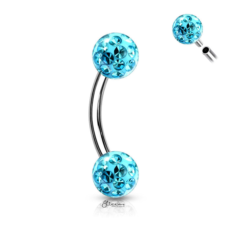 Epoxy Covered Crystal Paved Balls Eyebrow Barbells - Aqua-Body Piercing Jewellery, Cubic Zirconia, Daith, Eyebrow-EB0015-Q2-Glitters