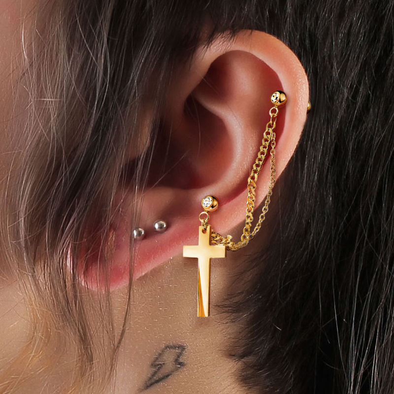 Chain Linked Crystal Set Cartilage Barbells with Cross - Gold-Body Piercing Jewellery, Cartilage, Cubic Zirconia, Ear Chain, Ear Cuffs, Earrings, Jewellery-EC0101-M_537910c8-3182-409c-893a-c67693232b77-Glitters