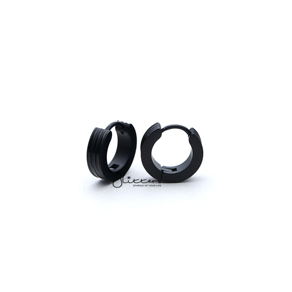 Stainless Steel Hinged Hoop Earrings with Grooves Carved Center - Black-earrings, Hoop Earrings, Huggie Earrings, Jewellery, Men's Earrings, Men's Jewellery, Stainless Steel, Women's Earrings, Women's Jewellery-ER0304_Grooves_Carved_K02-Glitters
