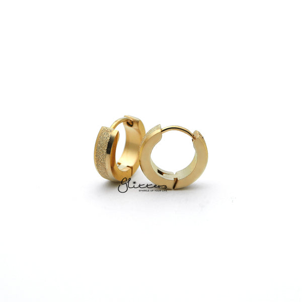 Stainless Steel Sand Sparkle Center Hinged Earrings with Beveled Edges (4x9) - Gold-earrings, Hoop Earrings, Huggie Earrings, Jewellery, Men's Earrings, Men's Jewellery, Stainless Steel, Women's Earrings, Women's Jewellery-ER0304_ssc02-Glitters
