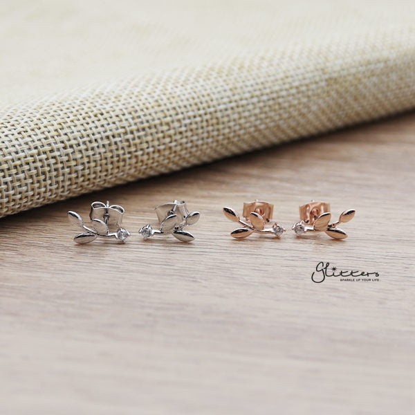 Leaf Sterling Silver Post Stud Earrings with Glitters NZ