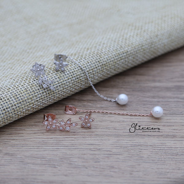 C.Z Flower Sterling Silver Post Stud Earrings with Drop Chain Pearl-Cubic Zirconia, earrings, Jewellery, Sterling Silver Post, Stud Earrings, Women's Earrings, Women's Jewellery-ER1458_01-Glitters
