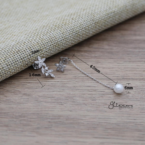 C.Z Flower Sterling Silver Post Stud Earrings with Drop Chain Pearl-Cubic Zirconia, earrings, Jewellery, Sterling Silver Post, Stud Earrings, Women's Earrings, Women's Jewellery-ER1458_02_New-Glitters
