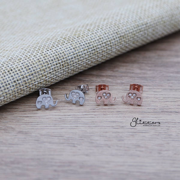 Elephant Sterling Silver Post Stud Earrings with C.Z Heart-Cubic Zirconia, earrings, Jewellery, Sterling Silver Post, Stud Earrings, Women's Earrings, Women's Jewellery-ER1459_01-Glitters
