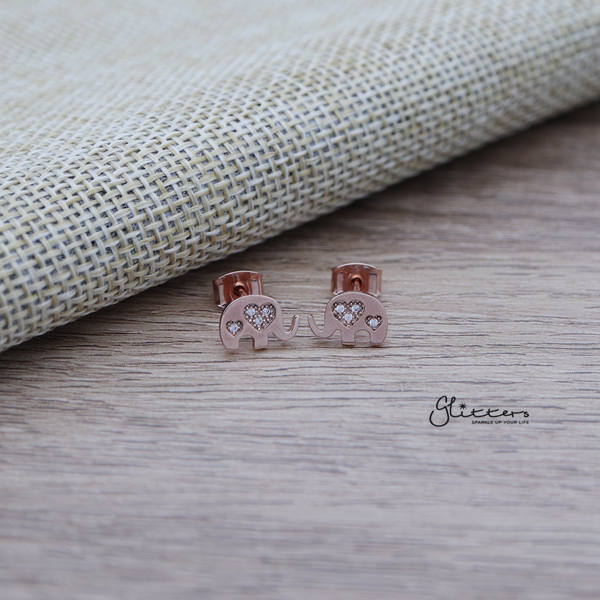 Elephant Sterling Silver Post Stud Earrings with C.Z Heart-Cubic Zirconia, earrings, Jewellery, Sterling Silver Post, Stud Earrings, Women's Earrings, Women's Jewellery-ER1459_03-Glitters