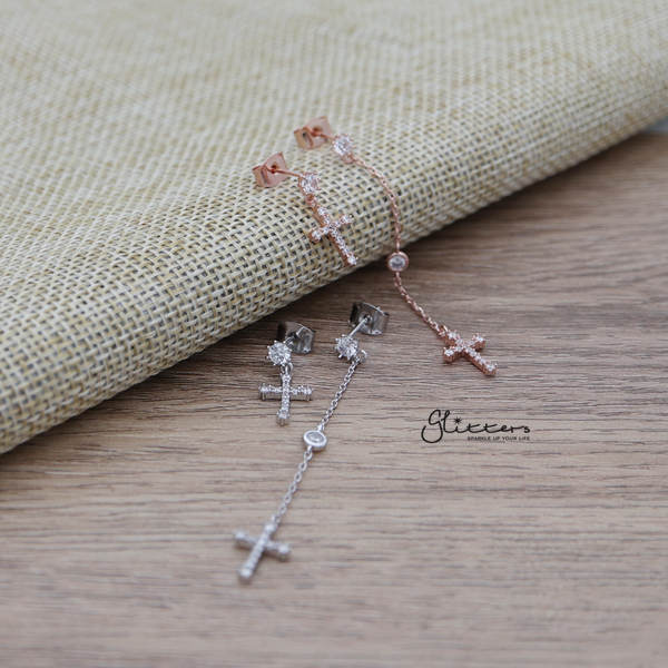 C.Z Paved Cross Sterling Silver Post Stud Earrings with Drop Chain Cross-Cubic Zirconia, earrings, Jewellery, Sterling Silver Post, Stud Earrings, Women's Earrings, Women's Jewellery-ER1461_01-Glitters