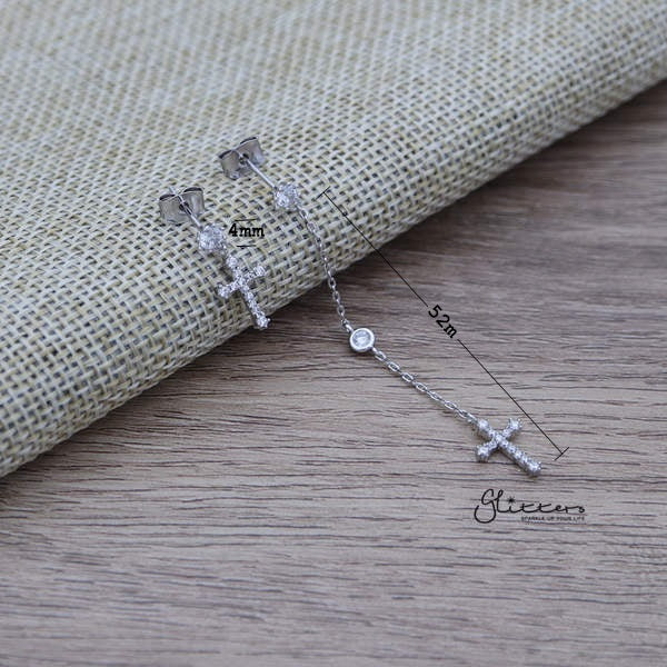 C.Z Paved Cross Sterling Silver Post Stud Earrings with Drop Chain Cross-Cubic Zirconia, earrings, Jewellery, Sterling Silver Post, Stud Earrings, Women's Earrings, Women's Jewellery-ER1461_02_New-Glitters
