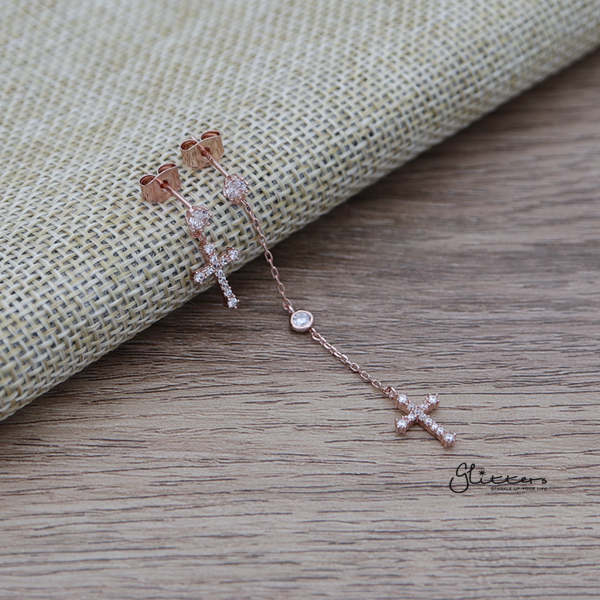 C.Z Paved Cross Sterling Silver Post Stud Earrings with Drop Chain Cross-Cubic Zirconia, earrings, Jewellery, Sterling Silver Post, Stud Earrings, Women's Earrings, Women's Jewellery-ER1461_03-Glitters