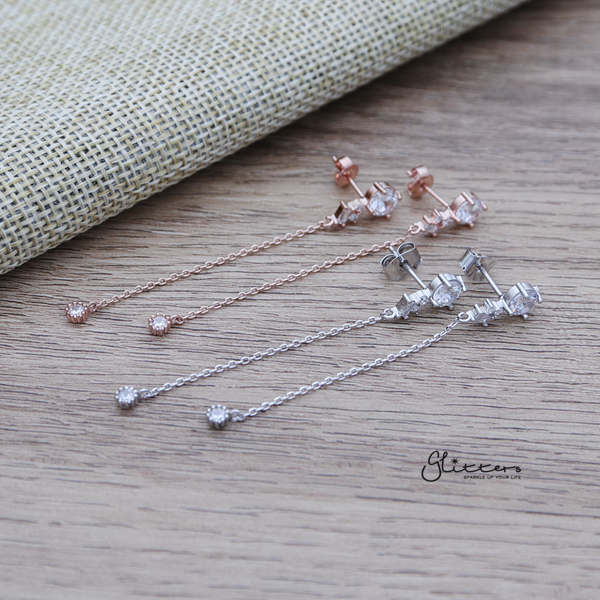 Cubic Zirconia Sterling Silver Post Stud Earrings with Drop Chain C.Z-Cubic Zirconia, earrings, Jewellery, Sterling Silver Post, Stud Earrings, Women's Earrings, Women's Jewellery-ER1462_01-Glitters