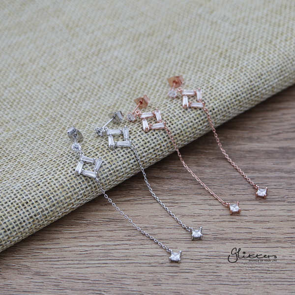Square Cubic Zirconia Sterling Silver Post Stud Earrings with Drop Chain C.Z-Cubic Zirconia, earrings, Jewellery, Sterling Silver Post, Stud Earrings, Women's Earrings, Women's Jewellery-ER1463_01-Glitters