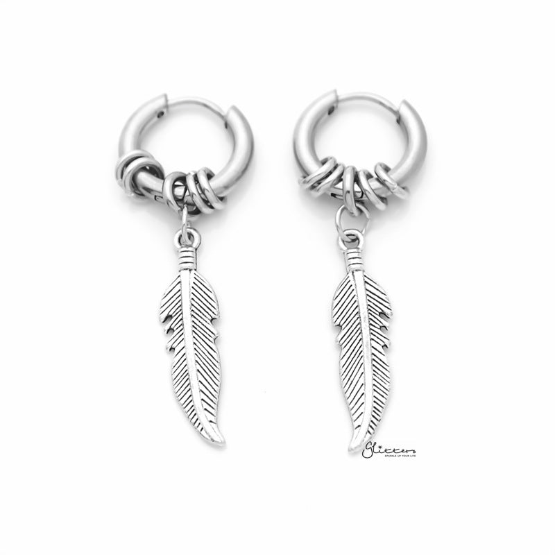 Stainless Steel Huggie Hoop Earrings with Drop Feather and Rings - Silver-Chain Earring, earrings, Hoop Earrings, Huggie Earrings, Jewellery, Men's Earrings, Men's Jewellery, Stainless Steel, Women's Earrings-ER1490-S1_800-Glitters