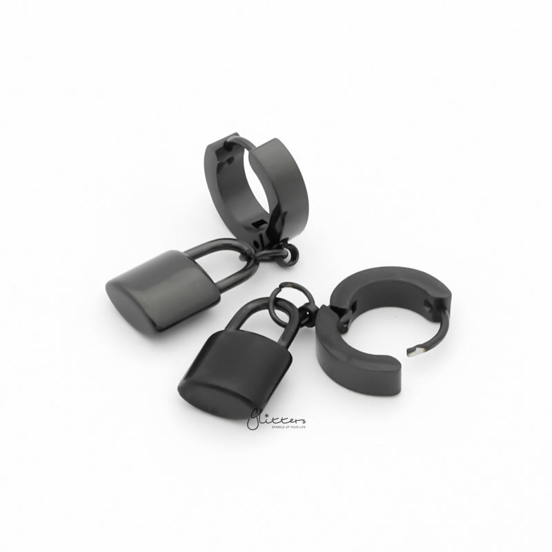 Stainless Steel Huggie Hoop Earrings with Padlock Charm - Black-earrings, Hoop Earrings, Huggie Earrings, Jewellery, Men's Earrings, Men's Jewellery, Stainless Steel, Women's Earrings-ER1544-K3_800-Glitters