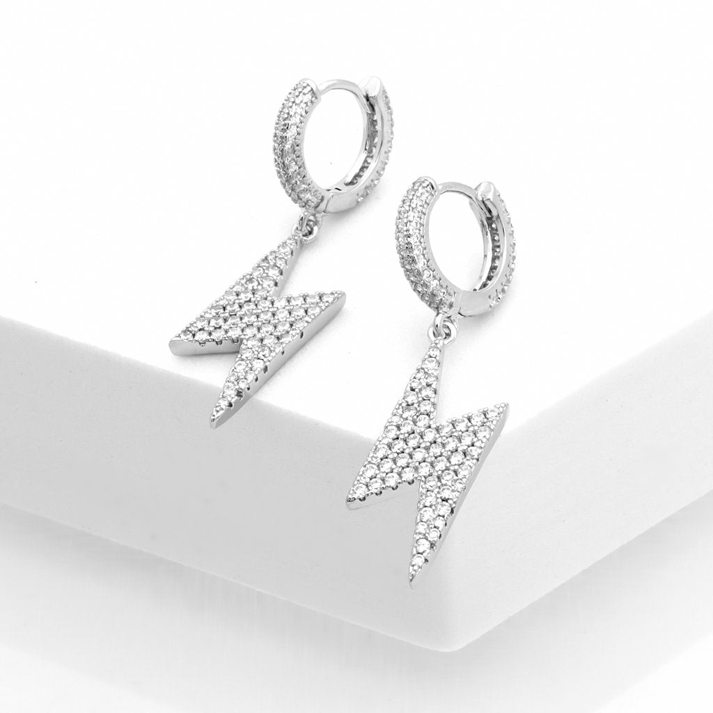 Dangle Lightning Bolt One-Touch Huggie Hoop Earrings-Cubic Zirconia, earrings, Hip Hop Earrings, Hoop Earrings, Iced Out, Jewellery, Women's Earrings, Women's Jewellery-ER1553-S-Glitters