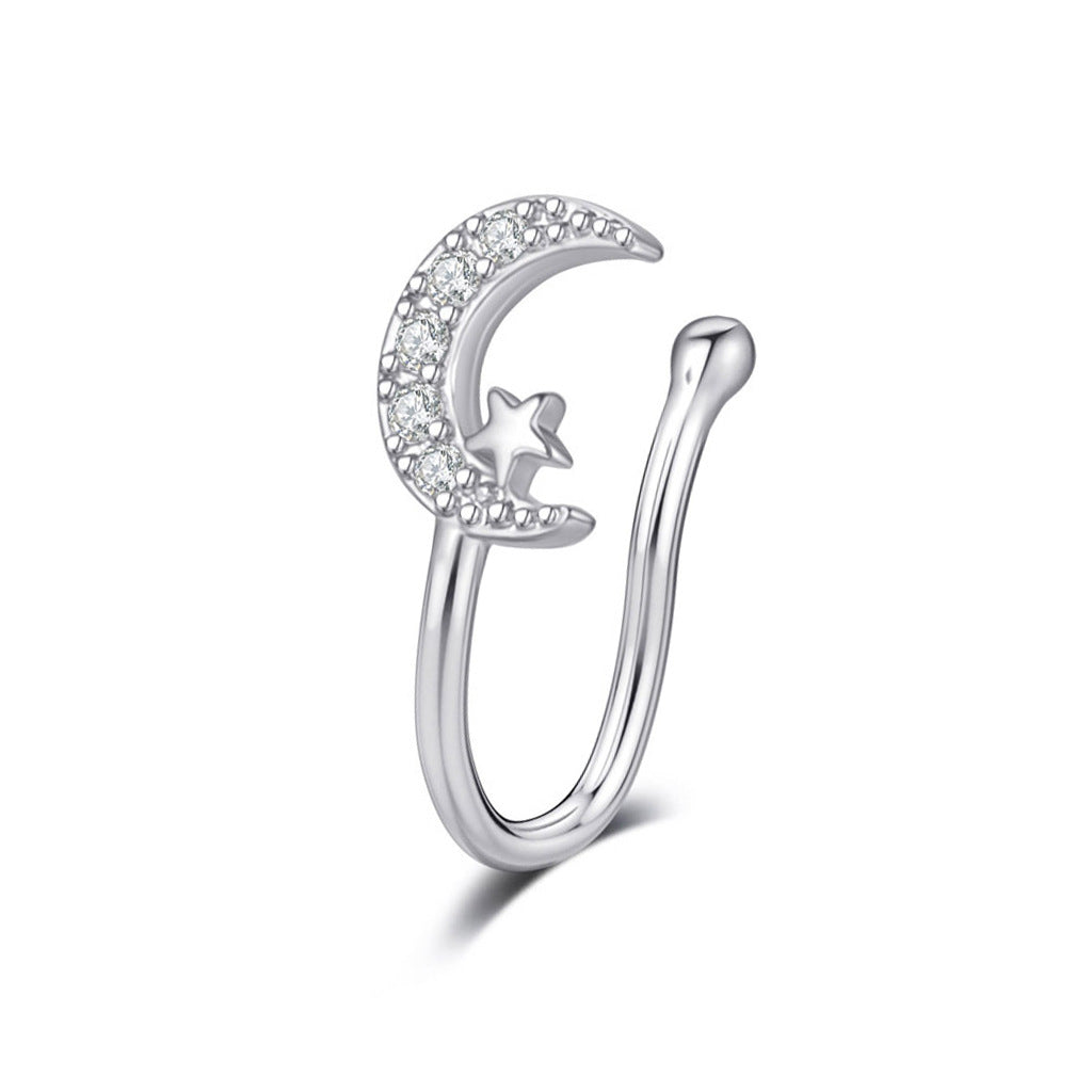 Crescent Moon and Star Non Piercing Fake Nose Ring-Body Piercing Jewellery, Cubic Zirconia, Non-Pierced, Nose Piercing Jewellery, Nose Ring, Nose Studs-FNS07-S-Glitters