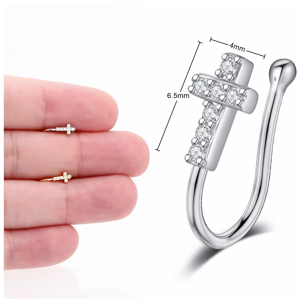 Cross Non Piercing Fake Nose Ring-Body Piercing Jewellery, Cubic Zirconia, Non-Pierced, Nose Piercing Jewellery, Nose Ring, Nose Studs-FNS09-SH_New-Glitters