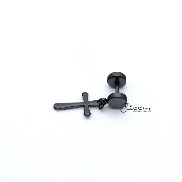 Stainless Steel Drop Cross Fake Plug Earring - Black-Body Piercing Jewellery, earrings, Fake Plug, Jewellery, Men's Earrings, Men's Jewellery, Stainless Steel-FP0150_K2_01-Glitters