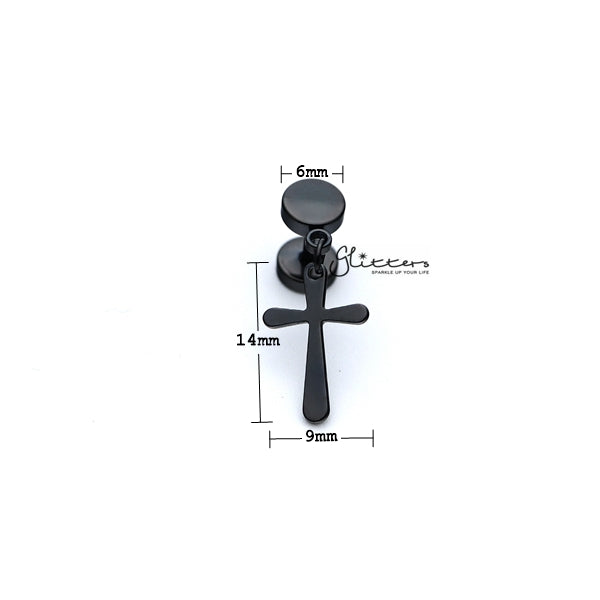 Stainless Steel Drop Cross Fake Plug Earring - Black-Body Piercing Jewellery, earrings, Fake Plug, Jewellery, Men's Earrings, Men's Jewellery, Stainless Steel-FP0150_K2_02_New-Glitters