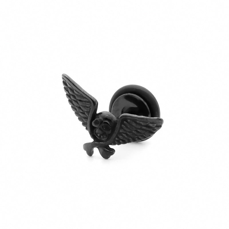 Stainless Steel Skull with Wings Fake Plug Earring - Black-Body Piercing Jewellery, earrings, Fake Plug, Jewellery, Men's Earrings, Men's Jewellery, Stainless Steel-FP0214-K_800-Glitters