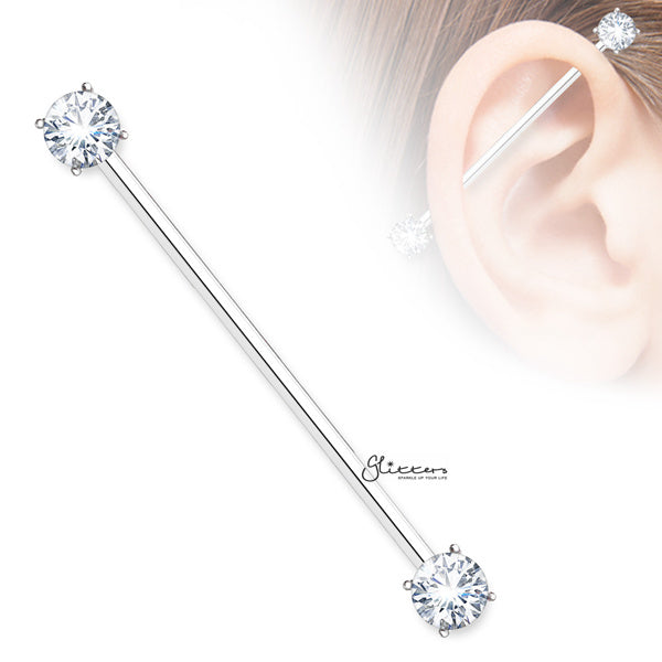 14GA Surgical Steel Round C.Z Prong Set Ends Industrial Barbells-Body Piercing Jewellery, Cubic Zirconia, Industrial Barbell-IB0002-2DIAS-Glitters