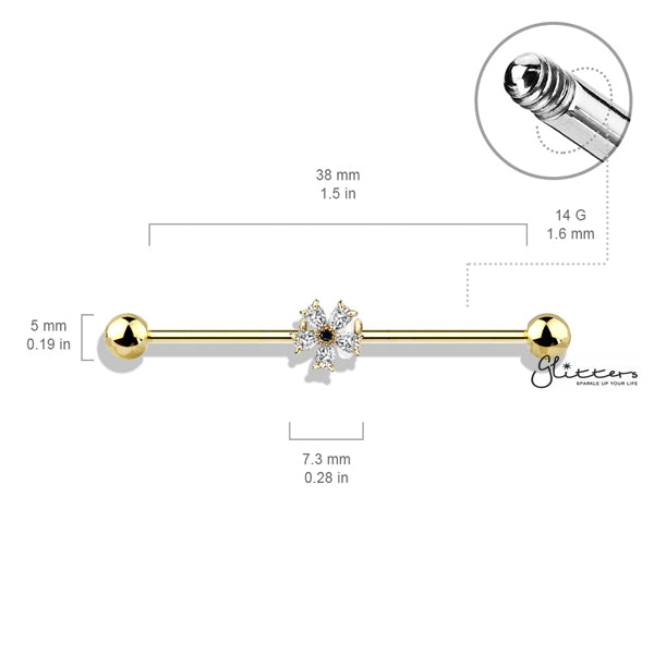 316L Surgical Steel Industrial Barbells with Black CZ Centered Five Pear CZ Flower-Body Piercing Jewellery, Cubic Zirconia, Industrial Barbell-IB0003-BI74-02-Glitters