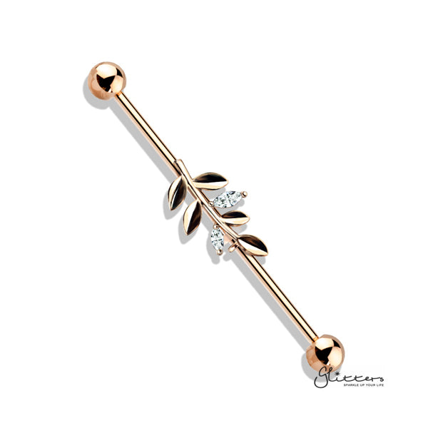 316L Surgical Steel Industrial Barbells with CZ Set Leaf-Body Piercing Jewellery, Cubic Zirconia, Industrial Barbell-IB0003-BI78-RG-Glitters