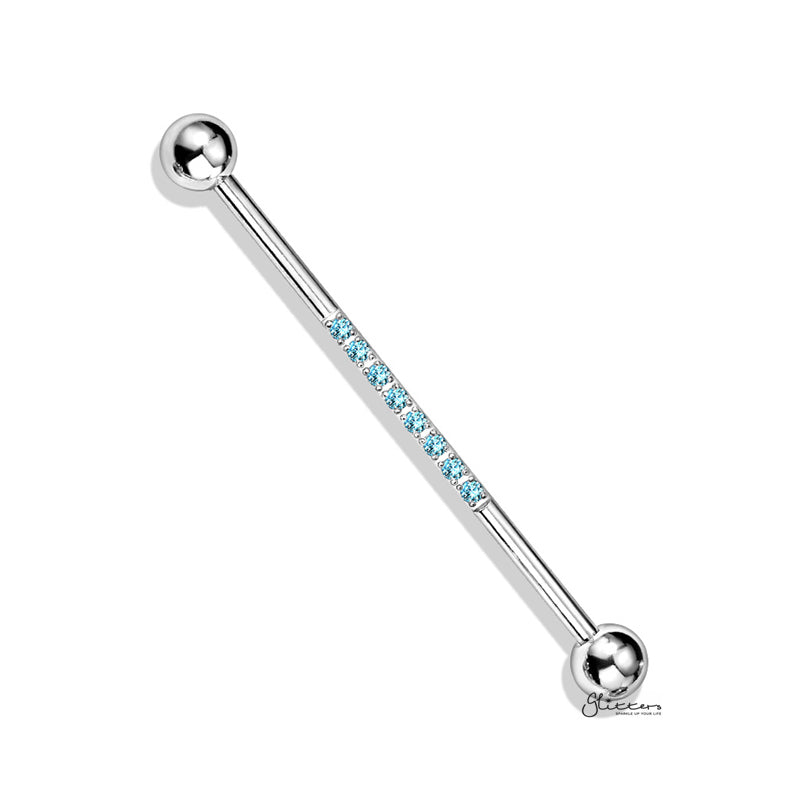 CNC Set Lined CZ Industrial Barbell - Aqua-Body Piercing Jewellery, Cubic Zirconia, Industrial Barbell-IB0003-CZLINE-Q-Glitters