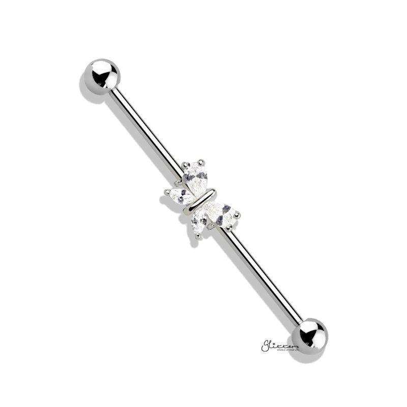 CZ Butterfly Industrial Barbell - Silver-Body Piercing Jewellery, Cubic Zirconia, Industrial Barbell-IB00391-Glitters
